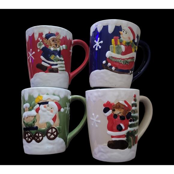 Christmas, Winter, Holiday Mugs Cups Set of 4 One Red One Blue One Tan One Green - Picture 10 of 12